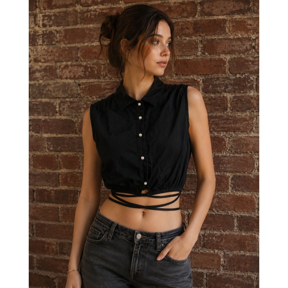 Crop Top Sleeveless Pearl Button Tie Waist Preppy‎ Whimsigoth Chic Office